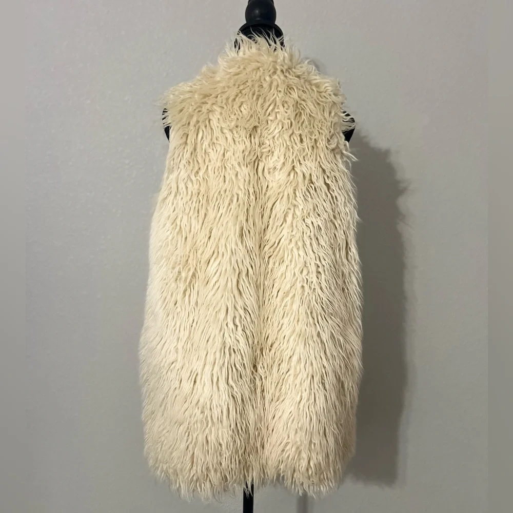 I Love H81 Los Angeles California - Boho Cream Faux Fur Shaggy Long Vest Sz S/M